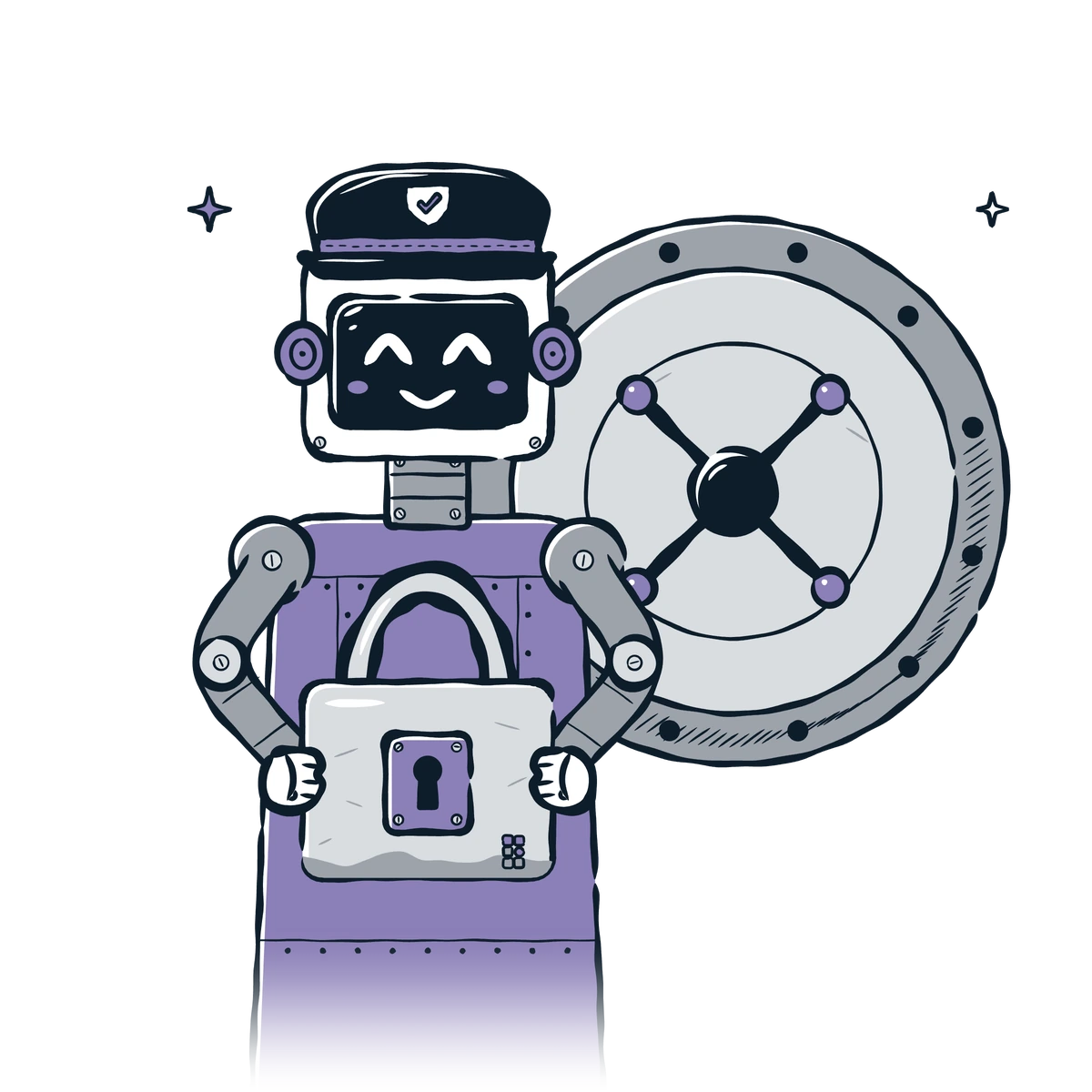 A friendly robot security guard holding a padlock in front of a vault door