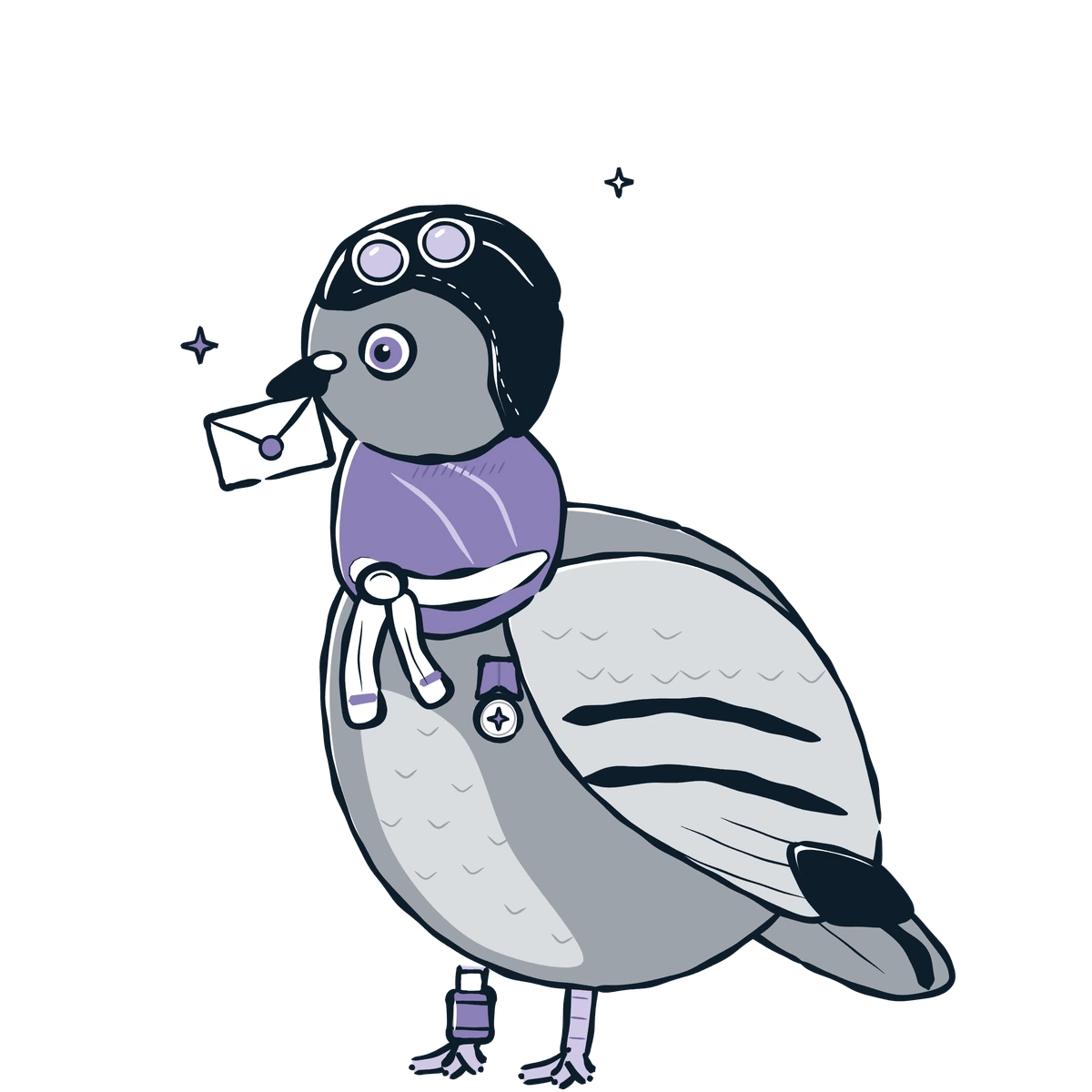 A messenger pigeon in a flying helmet with a letter in its beak