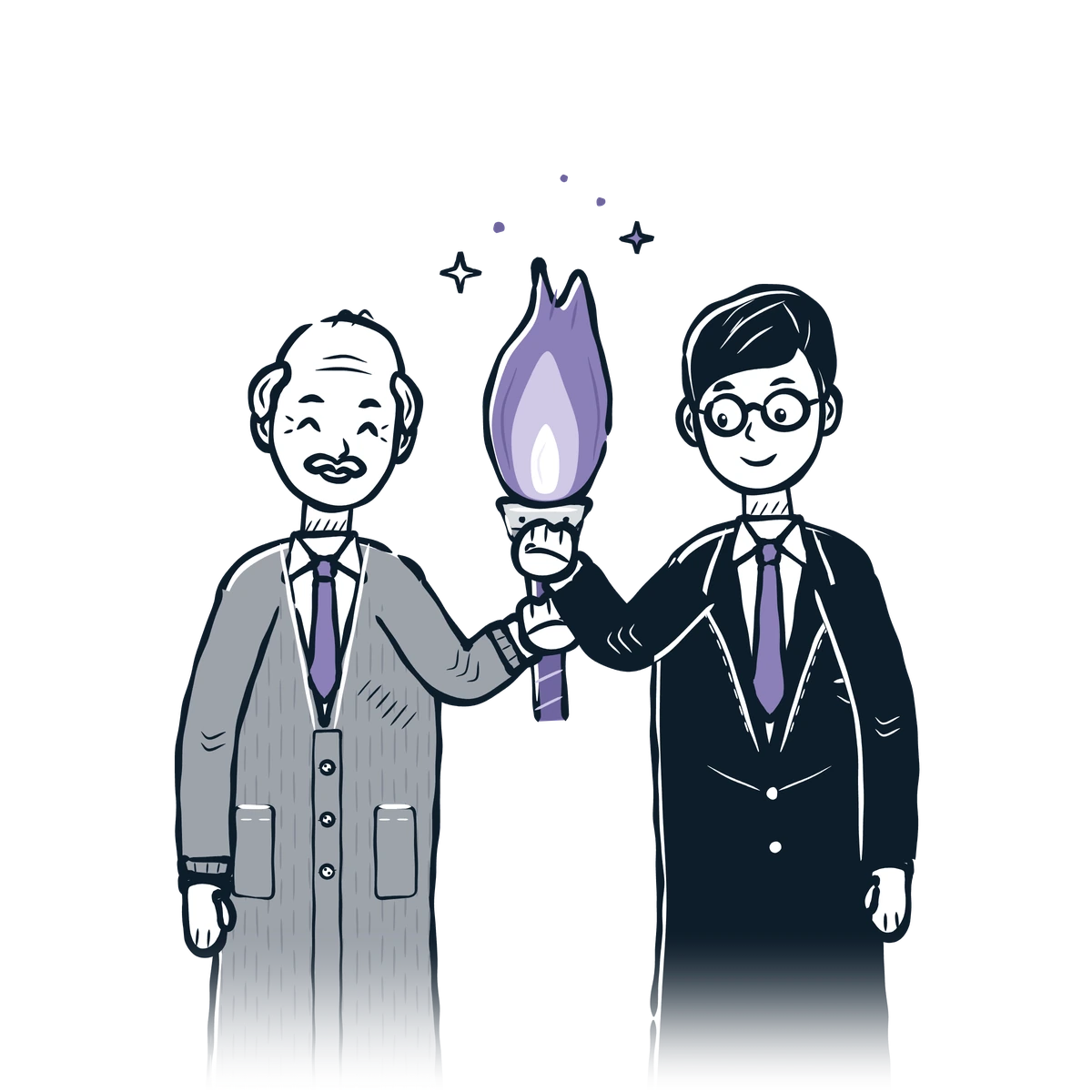 An older man passing a lit torch to a younger man in a suit
