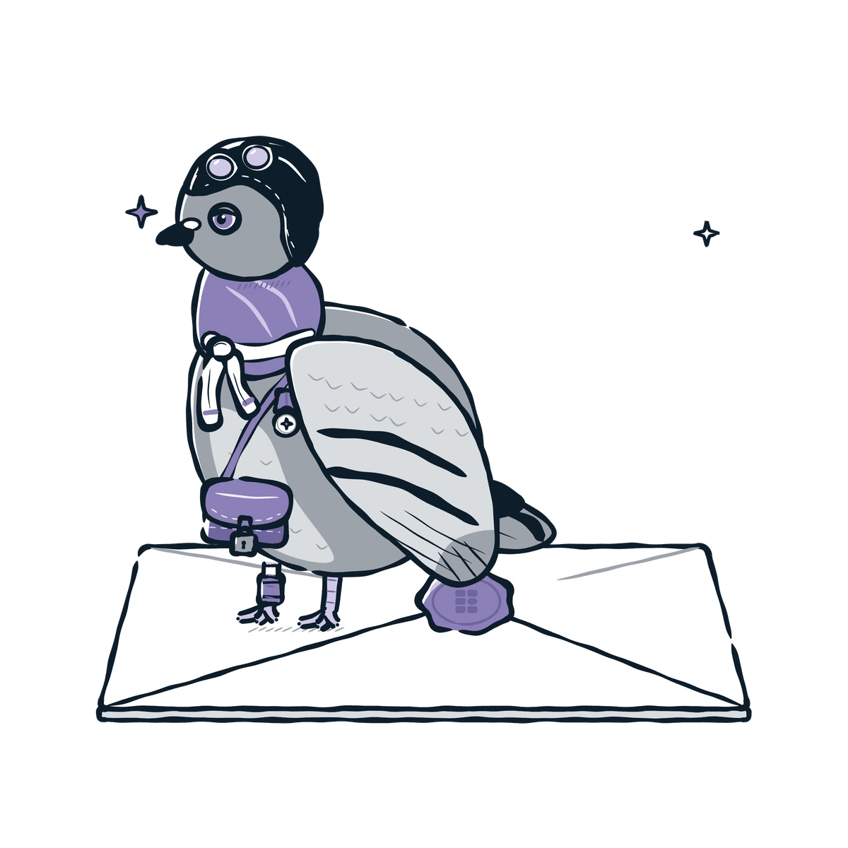 A messenger pigeon in a flying helmet standing guard on a sealed envelope