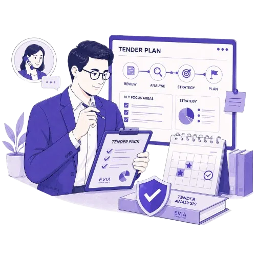 Illustration of consultant promoting no win no fee tender analysis and planning service